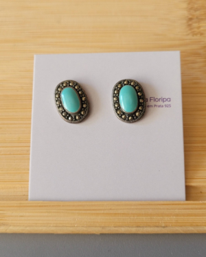 Brinco Oval Prata 925 Pedra Turquesa e Marcassitas Vintage – Prata Floripa
