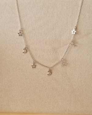 Colar Choker em Prata 925 com Pingentes de Lua e Estrela – Prata Floripa